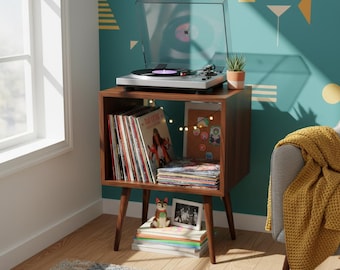 Mueble de TV de estilo moderno de mediados de siglo / Consola multimedia de MDF / Armario para discos de vinilo / Mueble artesanal para sala de estar y estudio