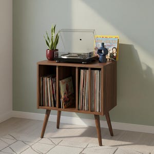 May include: A mid-century modern record player stand in a warm brown finish. The stand features a turntable, vinyl records, and a small plant. The stand has three compartments for vinyl storage and angled legs.