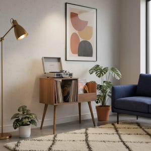 以下が含まれることがあります： 木製のレコードプレーヤー台。レコード収納コンパートメント付き。上部にグレーのレコードプレーヤーがあります。背景には、金色のフロアランプと額入りの抽象芸術作品があります。