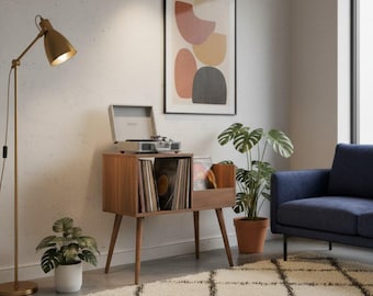 Modern Walnut Record Player Stand with Vinyl Storage | Retro MDF Turntable Console | Minimalist Audio Cabinet for Stylish Homes