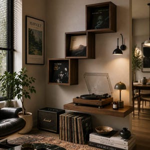May include: A wall-mounted wooden record player setup featuring three square floating shelves displaying vinyl records, a turntable on a wooden shelf, a Marshall amplifier, and a stack of books including Kinfolk, This is Home, and Live Beautiful.