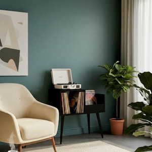 May include: A cream-colored armchair with wooden legs sits near a black record player stand. The stand holds vinyl records and a white record player. A potted plant and abstract art piece complete the room's decor.