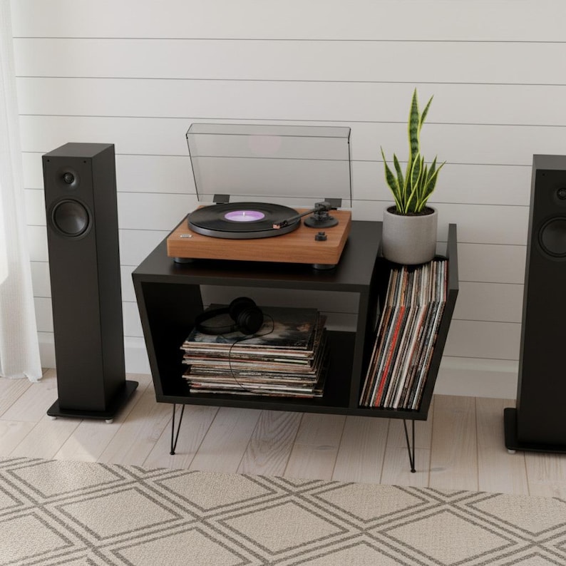 May include: A black record player stand with a wooden turntable, black speakers, and a stack of vinyl records. A potted plant sits on top of the stand. The stand has hairpin legs and a shelf for record storage.