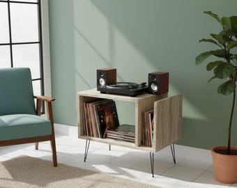 Tocadiscos con aspecto de travertino y almacenamiento, mueble para tocadiscos con efecto piedra, mueble de vinilo moderno, unidad multimedia hecha a mano