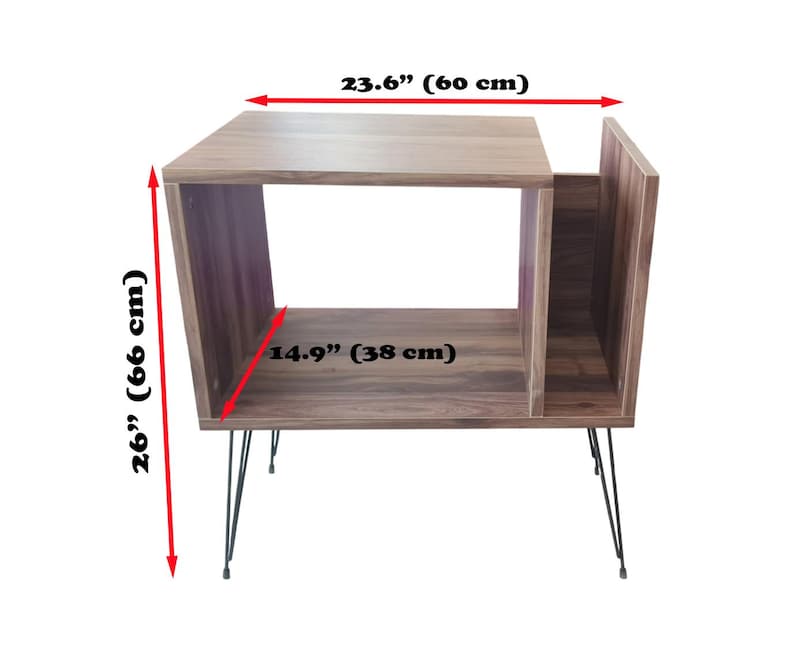 May include: A wooden side table with a walnut finish, measuring 26 inches (66 cm) high, 23.6 inches (60 cm) wide, and 14.9 inches (38 cm) deep. The table has a unique open design with hairpin legs, suitable for living rooms or bedrooms.