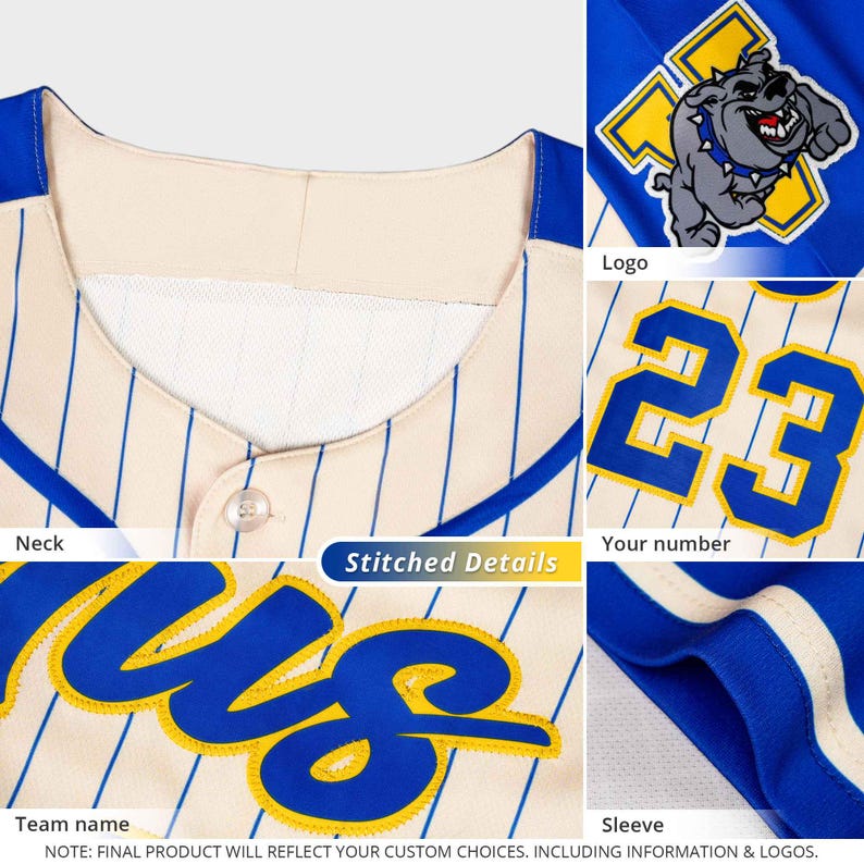 May include: Cream-colored baseball jersey with blue pinstripes and accents. Features a blue and yellow team logo, the number 23, and the team name "US". Includes stitched details and a blue sleeve.