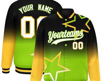 May include: Black and yellow varsity jacket with green accents and star graphics. The jacket features the text "Your Name" and "Yourteams" in white, along with the number "00". The sleeves are yellow, and the body is black and green.