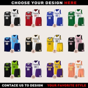 May include: A collection of basketball jerseys and shorts in various colors, including black, red, blue, green, yellow, and orange. Each jersey features the number "00" and the word "Teamname". The image includes the text "CHOOSE YOUR DESIGN HERE".