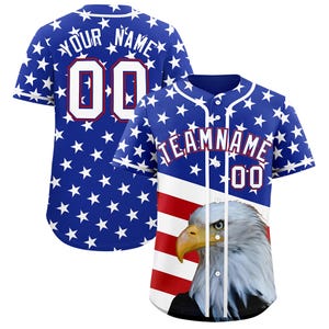 May include: Baseball jersey with a blue background covered in white stars. The front features an American flag design with an eagle graphic. The jersey has the text "TEAMNAME" and the number "00". The back has the text "YOUR NAME" and the number "00".