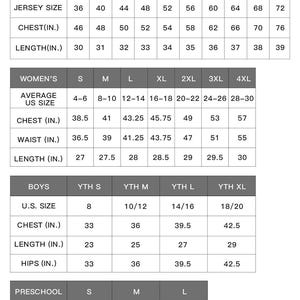 May include: Baseball jersey sizing chart with measurements for men's, women's, boys', and preschool sizes. Includes chest, waist, and length measurements in inches for various sizes, from S to 7XL.