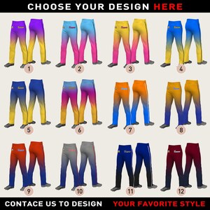 Könnte beinhalten: Eine Auswahl von zwölf Sporthosen mit verschiedenen Farbverläufen, darunter Lila, Blau, Gelb und Orange. Jede Hose hat ein anderes Design, einige mit einem Logo auf der Gesäßtasche. Der Text "CHOOSE YOUR DESIGN HERE" und "CONTACE US TO DESIGN" ist sichtbar.