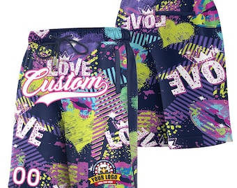 May include: Custom athletic shorts with a navy blue background and a colorful graffiti-style design. The shorts feature the words "LOVE Custom" in a white script, along with the number "00" and a logo. The design includes splashes of purple, green, and yellow.