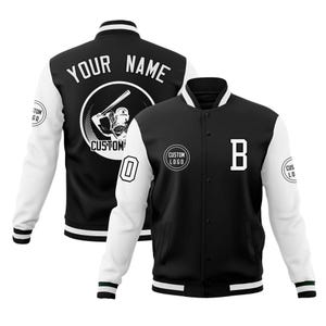 May include: Black and white baseball-style jacket with white sleeves. The jacket features a large "B" on the front and a "YOUR NAME" design on the back. Additional details include a baseball player graphic and the text "CUSTOM" on the back.