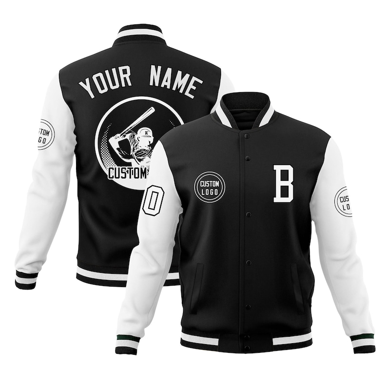 May include: Black and white baseball-style jacket with white sleeves. The jacket features a large "B" on the front and a "YOUR NAME" design on the back. Additional details include a baseball player graphic and the text "CUSTOM" on the back.