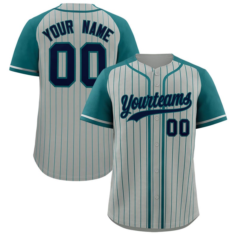 May include: Baseball jersey with teal sleeves and accents, featuring vertical stripes. The front displays "Yourteams" and the number "00". The back has "YOUR NAME" and the number "00".