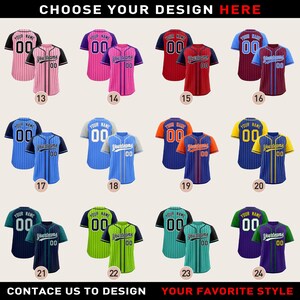 May include: A selection of baseball jerseys in various colors, including pink, red, blue, and green. Each jersey features a team name and number, with options for customization. The text "CHOOSE YOUR DESIGN HERE" and "CONTACT US TO DESIGN" are displayed.
