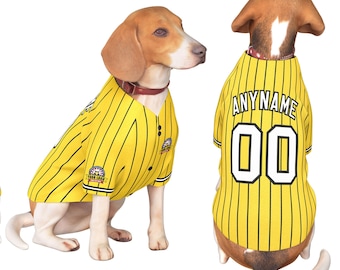 Maglia da baseball personalizzata per cani: nome e numero dell'animale ricamati, design a righe sottili, stile coordinato per la famiglia.