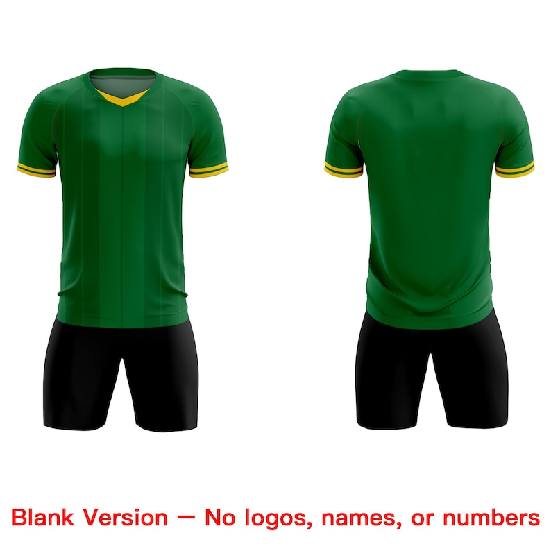 May include: A green soccer uniform set, front and back view, with a yellow V-neck collar and sleeve trim. The jersey has vertical stripes. The shorts are black. The text at the bottom says "Blank Version - No logos, names, or numbers."