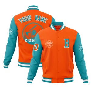 May include: Orange and teal varsity jacket with white accents. The jacket features the letter "B" and the number "0" in teal, along with the text "YOUR NAME" and "CUSTOM" on the back. Includes a "CUSTOM LOGO" patch.