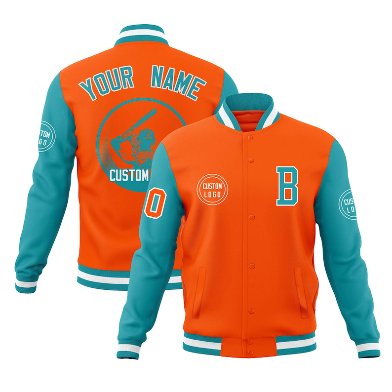 May include: Orange and teal varsity jacket with white accents. The jacket features the letter "B" and the number "0" in teal, along with the text "YOUR NAME" and "CUSTOM" on the back. Includes a "CUSTOM LOGO" patch.