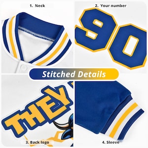 May include: Close-up of a white baseball jacket with blue and yellow accents. Details include the collar, sleeve, and back logo. The number 90 is displayed in blue with a yellow outline. The text "Stitched Details" is also visible.