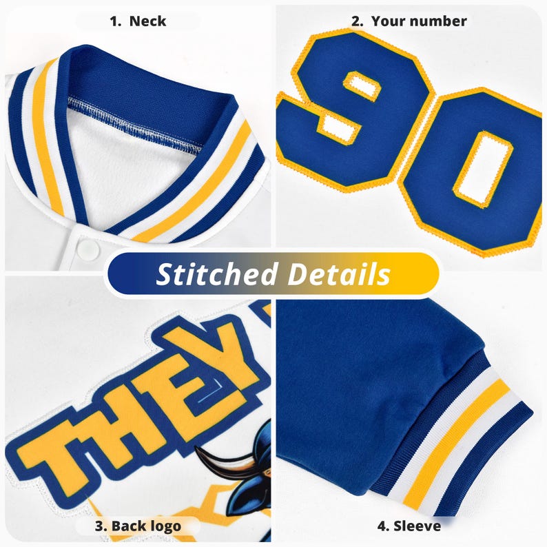 May include: Close-up of a white baseball jacket with blue and yellow accents. Details include the collar, sleeve, and back logo. The number 90 is displayed in blue with a yellow outline. The text "Stitched Details" is also visible.