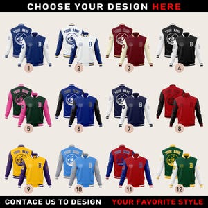 May include: A selection of letterman jackets in various colors, including navy, white, red, and green. Each jacket features a different letter and design, with the option to customize with a name. The text "CHOOSE YOUR DESIGN HERE" is at the top.