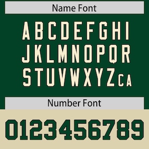 May include: A digital graphic displaying two different fonts. The top section shows the alphabet in a serif font, with a dark green background and off-white letters. The bottom section displays numbers 0-9 in a block font.