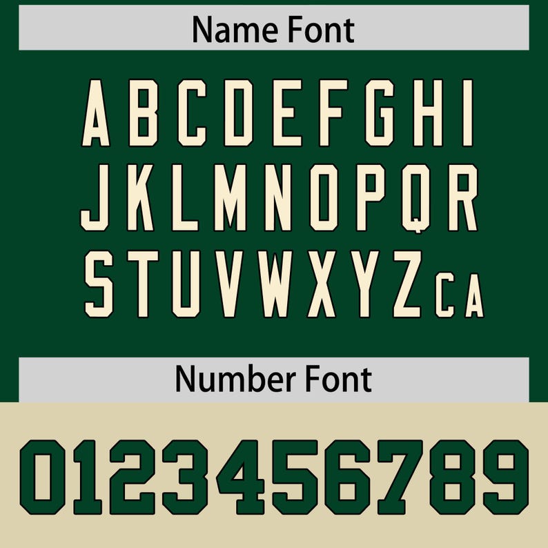 May include: A digital graphic displaying two different fonts. The top section shows the alphabet in a serif font, with a dark green background and off-white letters. The bottom section displays numbers 0-9 in a block font.