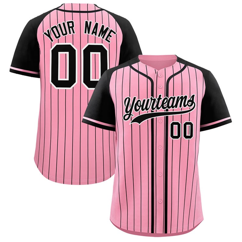 May include: Pink and black baseball jersey with vertical black stripes. The jersey features black sleeves, the text "Your Name" and the number "00" on the back. The front has the text "Yourteams" and the number "00".
