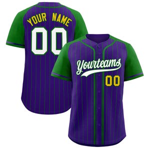 May include: Purple and green baseball jersey with vertical pinstripes. The jersey has green sleeves and a green collar. The front of the jersey says "Yourteams" and has the number "00" in yellow. The back of the jersey says "Your Name" and has the number "00".