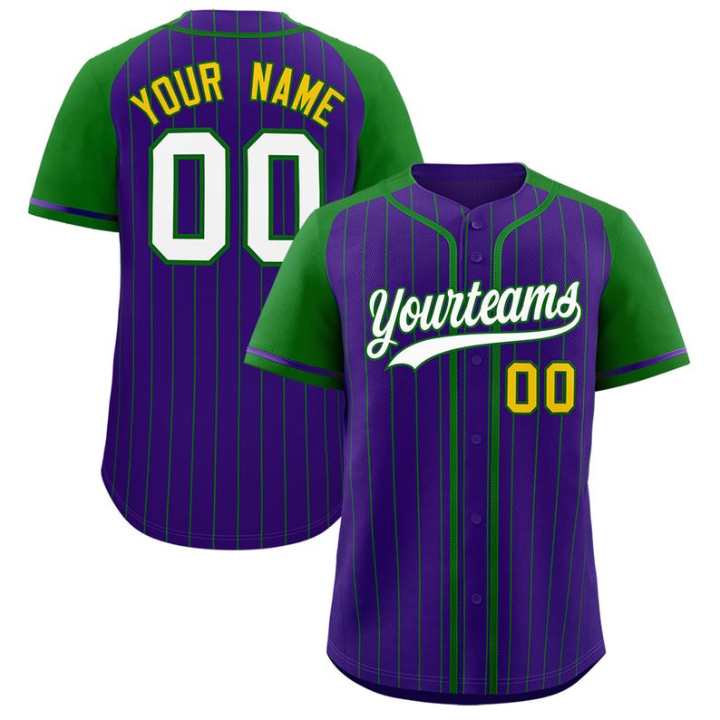 May include: Purple and green baseball jersey with vertical pinstripes. The jersey has green sleeves and a green collar. The front of the jersey says "Yourteams" and has the number "00" in yellow. The back of the jersey says "Your Name" and has the number "00".
