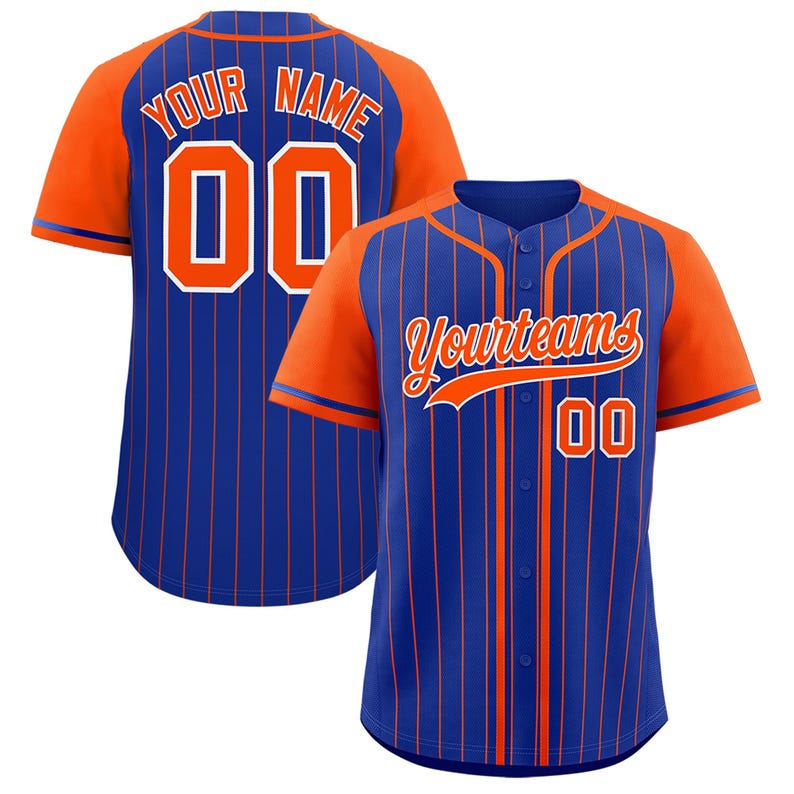 May include: A blue baseball jersey with orange sleeves and accents. The jersey has vertical orange stripes and the text "Yourteams" on the front and "Your Name" and the number "00" on the back. The jersey has a button-up front.