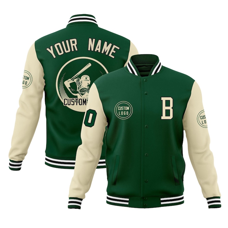 May include: Green and cream baseball jacket with the text "YOUR NAME" and a baseball player graphic on the back. The front features the letter "B" and a "CUSTOM LOGO" circle. The sleeves are cream-colored, and the jacket has black and white striped trim.