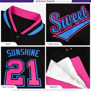 May include: Close-up shots of a black varsity jacket with pink and blue accents. The jacket features the word "Sweet" in blue with a pink outline, and the word "Sunshine" with the number "21" on the front. The collar and bottom trim are pink.