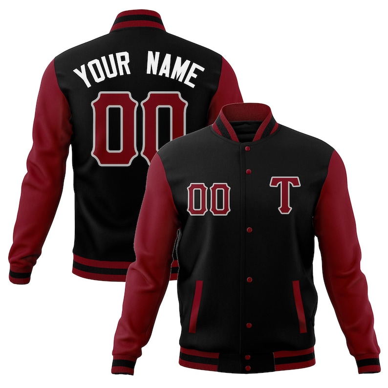 May include: Black and maroon varsity jacket with the text "YOUR NAME" and the number "00" on the back. The front of the jacket has the number "00" and the letter "T". The jacket has maroon sleeves and a maroon and black striped collar and cuffs.