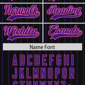 May include: Image showcasing team name and number fonts. Examples include "Buckeye" and "Fresno" in a script font. The image also displays an alphabet and numbers 0-9 in a block font, all in purple with pink outlines.