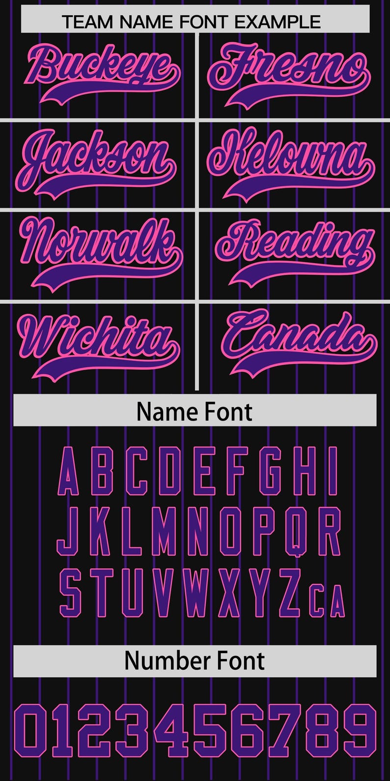 May include: Image showcasing team name and number fonts. Examples include "Buckeye" and "Fresno" in a script font. The image also displays an alphabet and numbers 0-9 in a block font, all in purple with pink outlines.