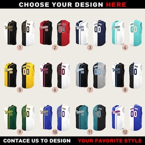 May include: A collection of twelve customisable sleeveless baseball jerseys in various two-tone colour combinations, each featuring a placeholder for a team name and number. The image includes the text CHOOSE YOUR DESIGN HERE and CONTACT US TO DESIGN.