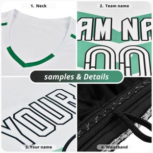 May include: Close-up shots of a white athletic jersey with green accents. Details include the V-neck, team name, and space for a name. The waistband of the shorts is black with a drawstring. The text "samples & Details" is also visible.