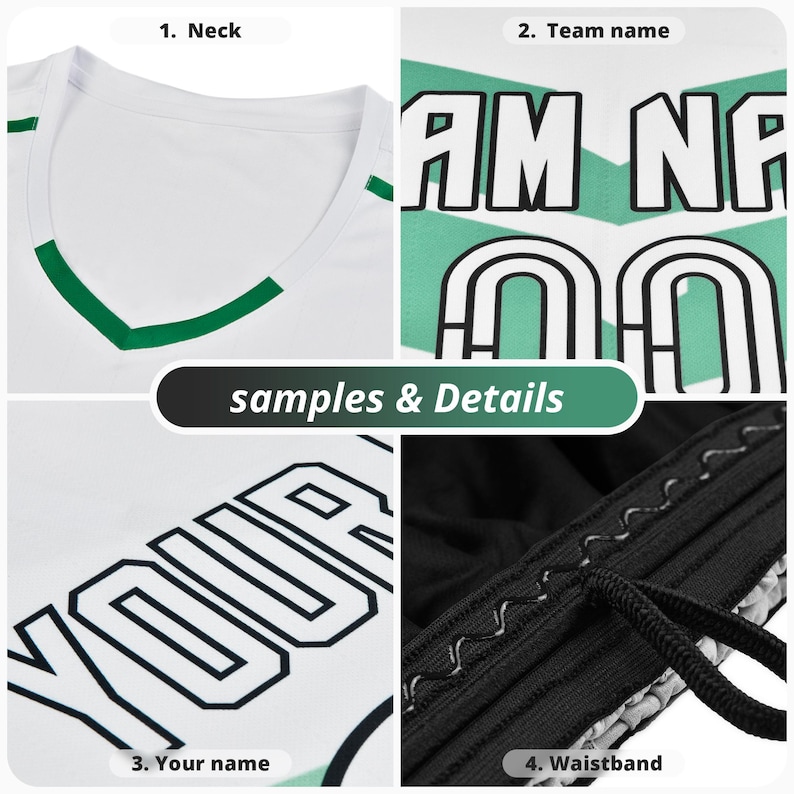 May include: Close-up shots of a white athletic jersey with green accents. Details include the V-neck, team name, and space for a name. The waistband of the shorts is black with a drawstring. The text "samples & Details" is also visible.