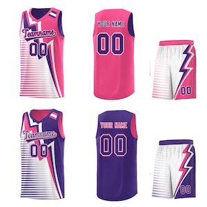 May include: Pink and purple basketball jersey and shorts set. The jersey features the text "Teamname" and the number "00". The shorts have a lightning bolt design. The back of the jersey says "YOUR NAME" and the number "00".