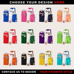 May include: A selection of twelve basketball jersey and shorts sets in various colors, including blue, pink, navy, orange, red, green, purple, and yellow. Each set features the word "Custom" and the number "00". The text "CHOOSE YOUR DESIGN HERE" and "CONTACT US TO DESIGN" are also visible.