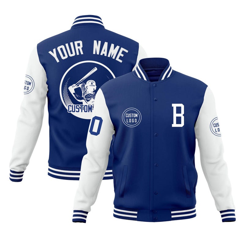 May include: A blue and white varsity jacket with the text "YOUR NAME" and a baseball player graphic on the back. The front of the jacket has a large white "B" and a "CUSTOM LOGO" circle. The sleeves are white with blue stripes.