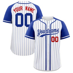 May include: Two baseball jerseys. One jersey is white with blue pinstripes, blue sleeves, and the text "Your Name" and the number "00" in red. The other jersey is white with blue pinstripes, blue sleeves, and the text "Yourteams" and the number "00" in red.