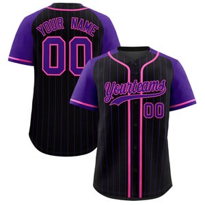 May include: Black baseball jersey with vertical pinstripes and purple sleeves. The jersey features the text "Your Name" and the number "00" on the back, and "Yourteams" and "00" on the front, all in pink.