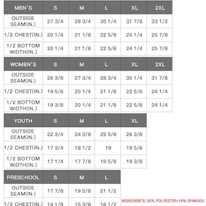 May include: US shirt size chart with measurements for men's, women's, youth, and preschool sizes. Includes outside seam, 1/2 chest, and 1/2 bottom width measurements in inches. Updated December 21, 2022. Made of 82% polyester and 18% spandex.