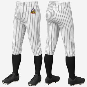May include: White baseball pants with thin vertical black pinstripes, featuring a circular logo on the upper left thigh with the text YOUR LOGO. The pants are paired with solid black knee-high socks and black athletic cleats on a white background.