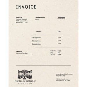 Può includere: Una fattura beige con la parola "INVOICE" in alto. La fattura include dettagli come il numero di fattura, la data, le descrizioni dei servizi e i costi. Il logo e le informazioni di contatto dello studio legale Morgan & Gallagher sono in basso.