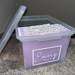 May include: A lavender plastic storage bin with a clear lid, labeled "Emery Belle." The bin contains labeled file folders for keepsakes, including grades 1st through 12th, artwork, and medical records. The lid is partially open, revealing the contents.